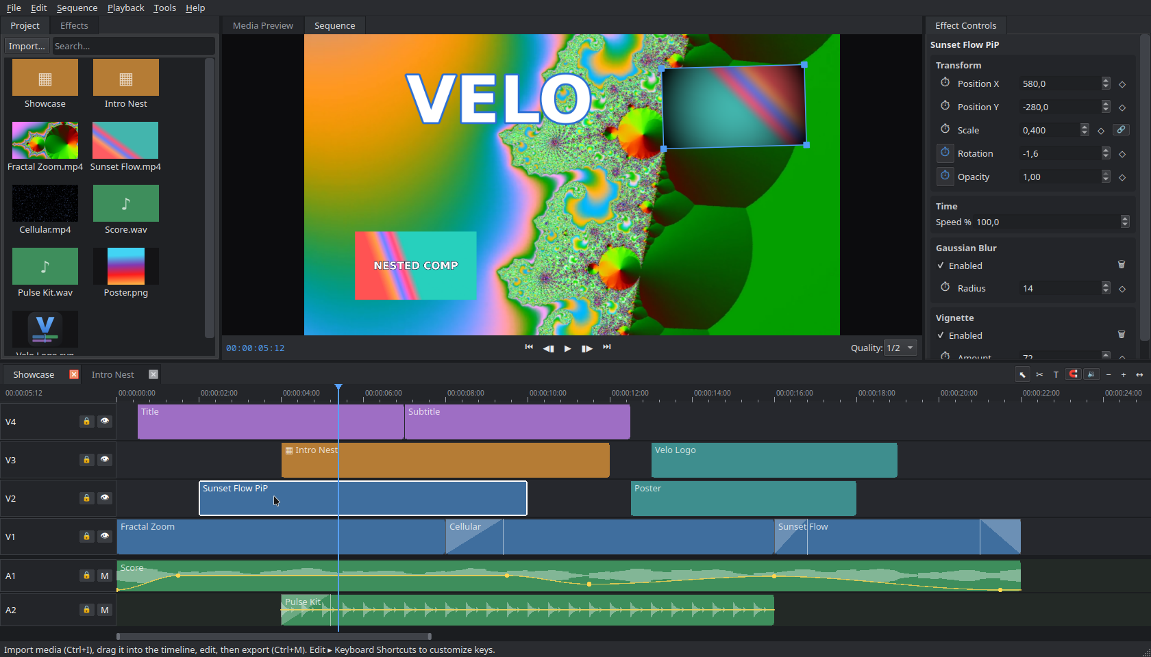 The Velo editor: project bin, media-preview and sequence monitors, effect controls and a multi-track timeline editing a demo project.